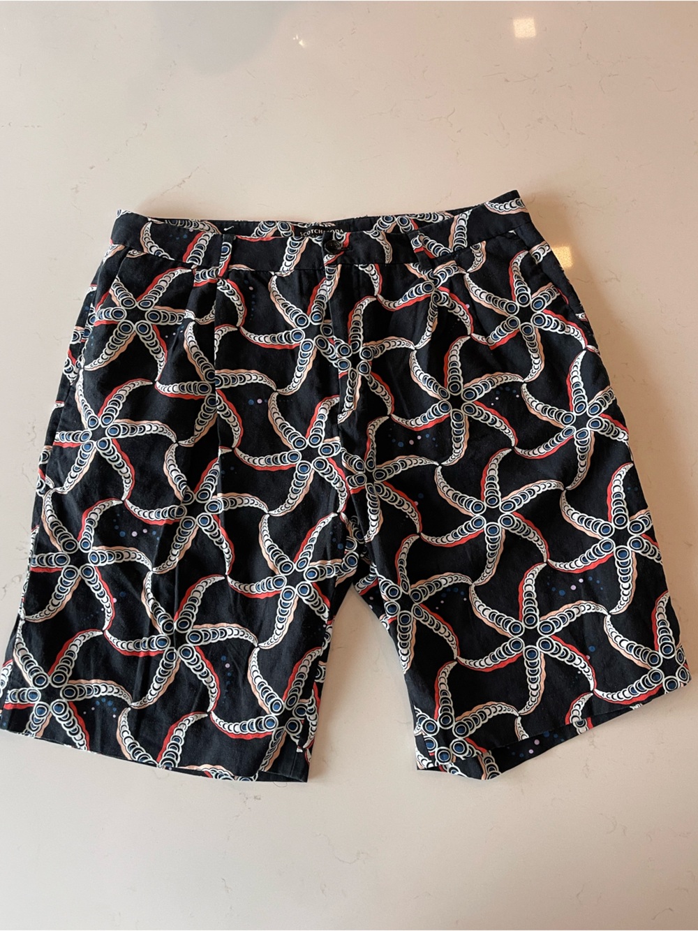 Scotch & Soda Black Shorts with White, Red & Blue Starfish Pattern
